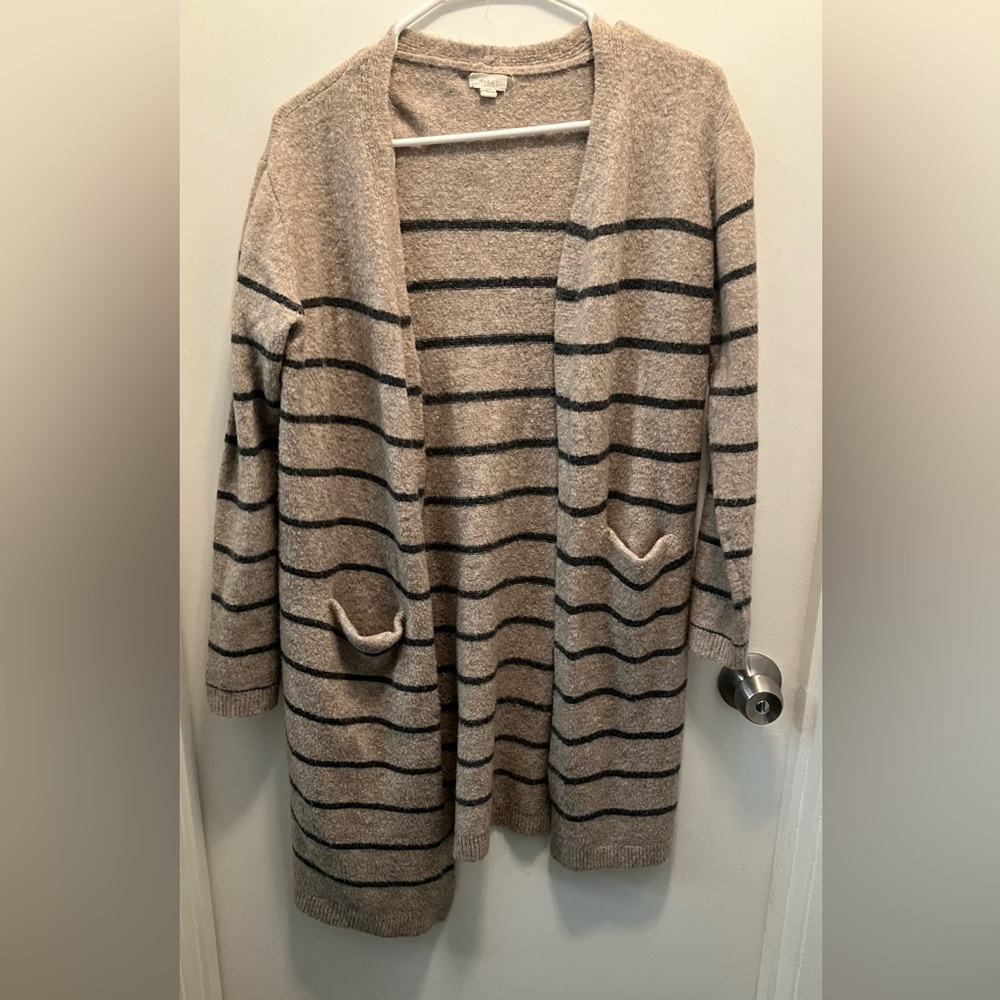 Beige and Gray Striped Cardigan